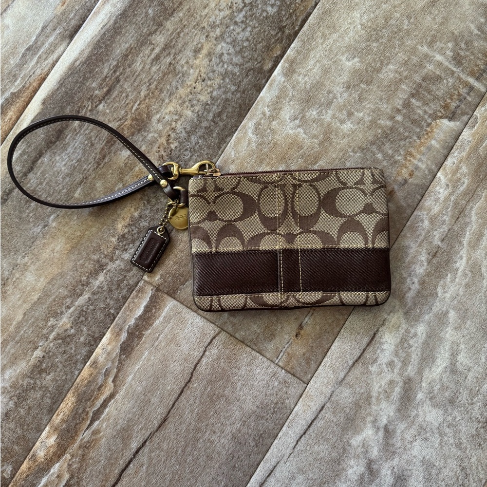 Coach Signature Wristlet in Brown and Tan